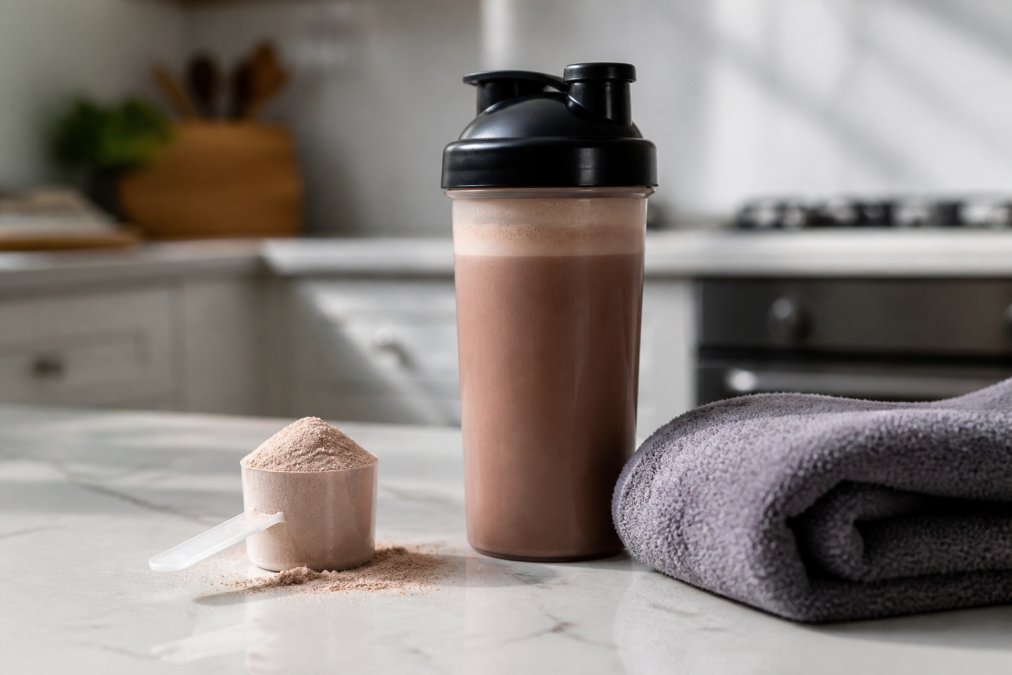 A clean, bright kitchen counter with a shaker bottle filled with a protein shake, a scoop of powder next to it, and a small towel, suggesting an active lifestyle