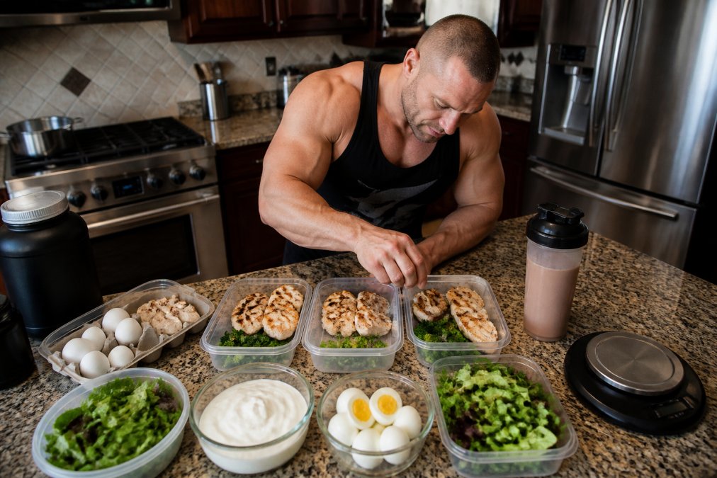 Meal prep spread featuring healthy protein sources like grilled chicken, eggs, yogurt, and a protein shake