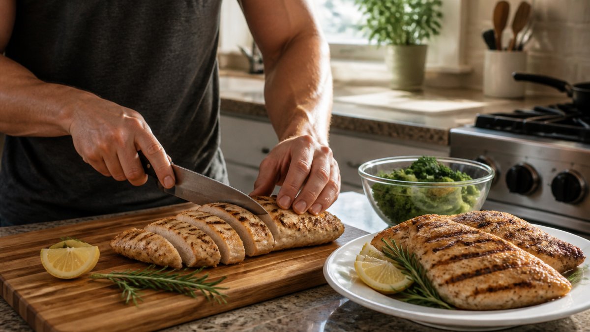 Grilled chicken breast and turkey cutlets served with fresh lemon wedges and herbs on a white plate