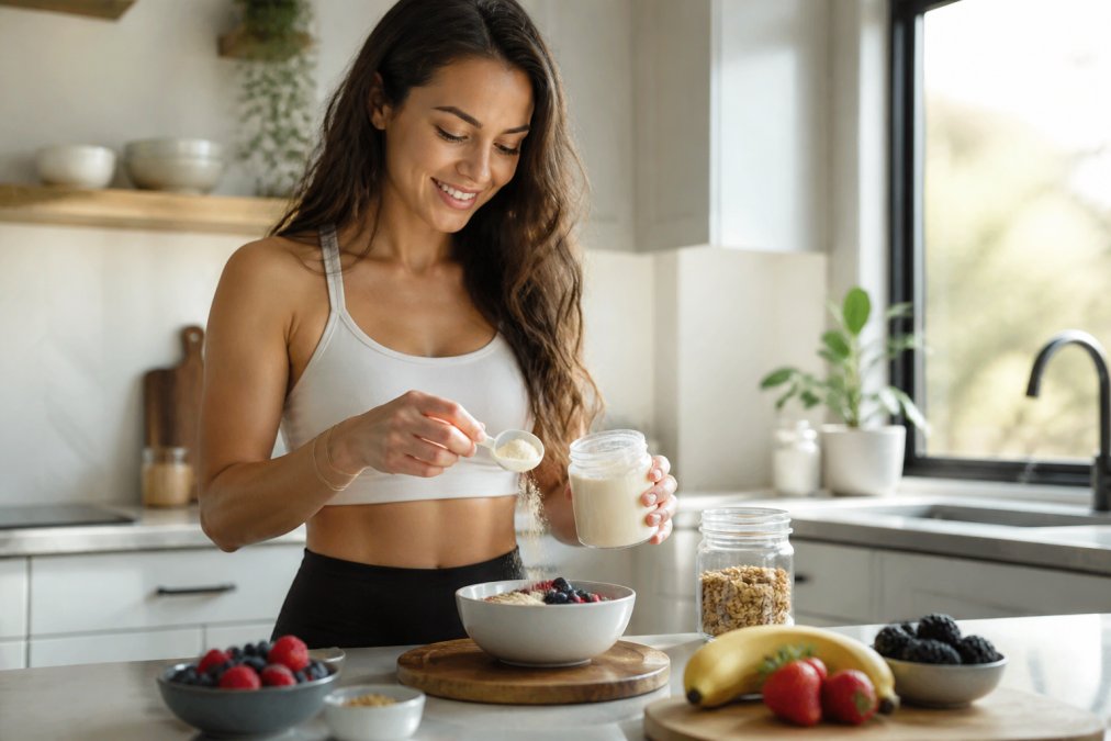 Woman in a bright home kitchen mixing a colostrum supplement into a morning smoothie bowl with fresh berries and granola, natural sunlight streaming through the window