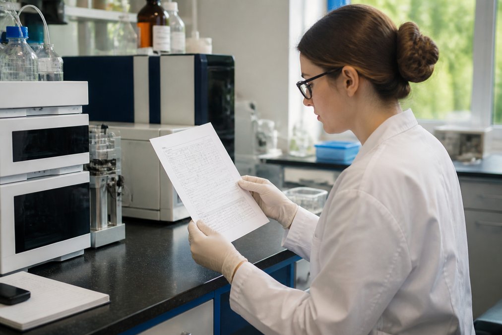 Laboratory scientist in white coat examining a printed Certificate of Analysis document at a lab bench with analytical equipment and computer displays in the background, natural window lighting