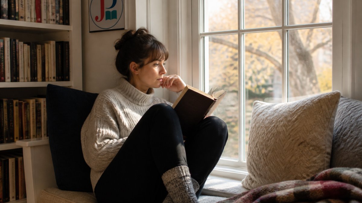 Person sitting in a cozy reading nook with a psychological thriller novel in hand, looking thoughtful and absorbed, warm natural light from nearby window
