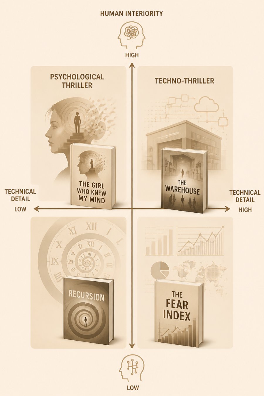 Matrix comparing psychological thrillers and techno-thrillers by human interiority and technical detail.