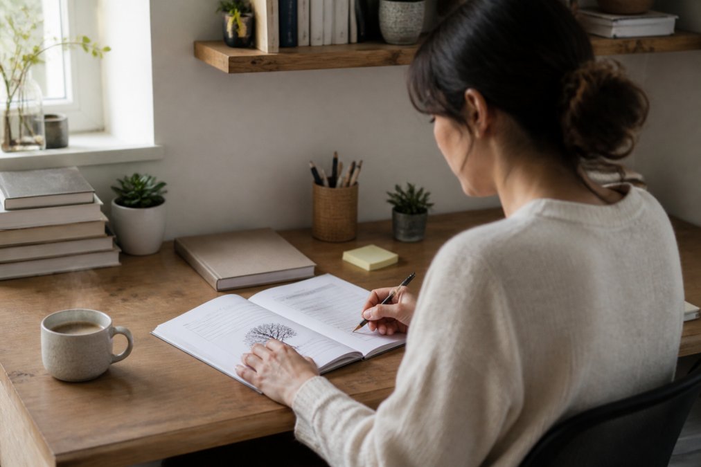 A person sitting at a clean wooden desk with a printed workbook open, holding a pen, with a cup of tea steaming nearby in a bright, calm home office