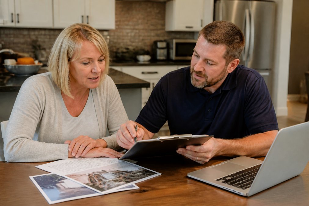 A homeowner and a public adjuster reviewing storm damage documents and a clipboard on a kitchen table, with a laptop open to an insurance claim portal