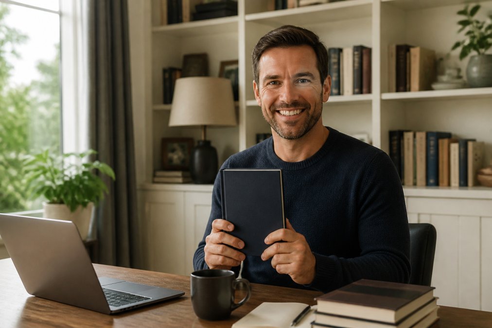 Author holding a hardcover book in a home office with a bestseller list, representing the best publishing company process.