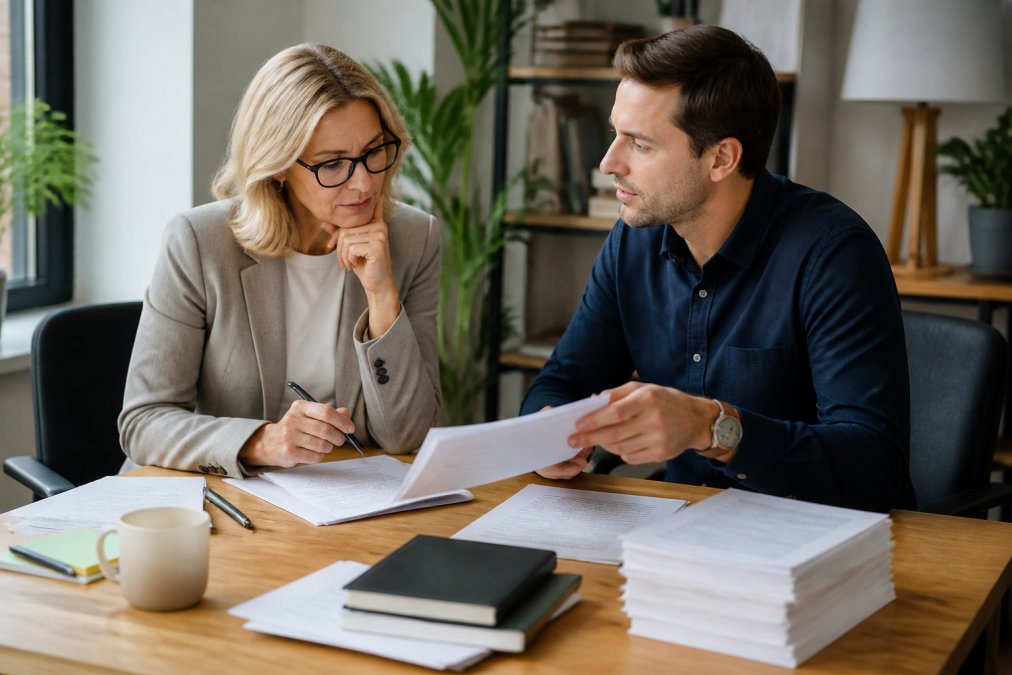 Professional consultant and entrepreneur reviewing manuscript pages and discussing book strategy at a wooden desk in a modern office with natural window lighting