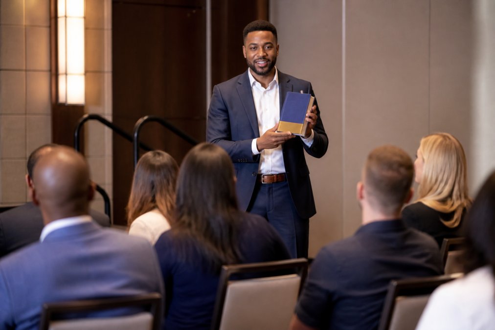 Entrepreneur in professional attire holding their published business book while presenting to an engaged audience in a modern conference room with warm lighting