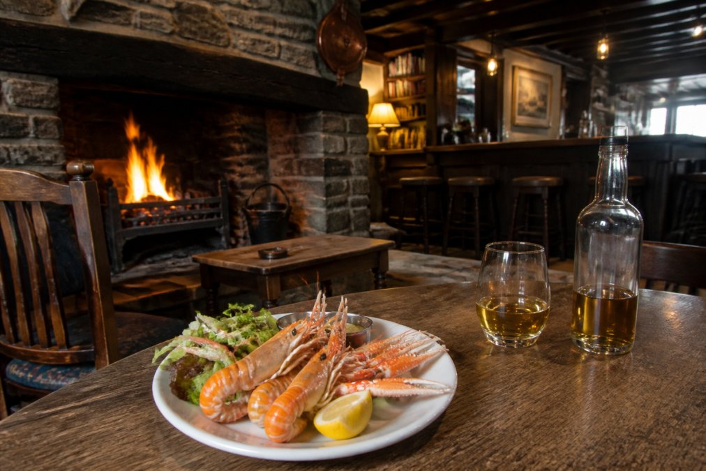 A warm, rustic pub interior with dark wooden beams, a stone fireplace glowing with peat fire, and a table set with a plate of fresh langoustines and a glass of golden whisky