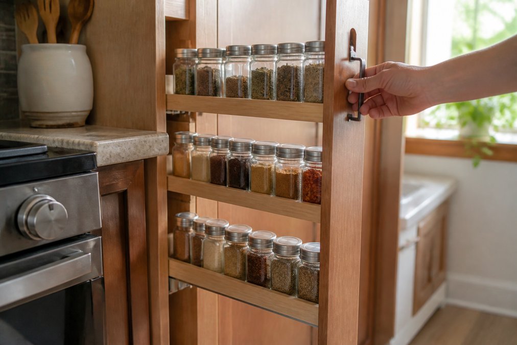 Close-up photograph of a hand pulling out a slim tiered spice rack from a narrow kitchen cabinet, neat rows of labeled spice jars visible, warm afternoon light through a nearby window