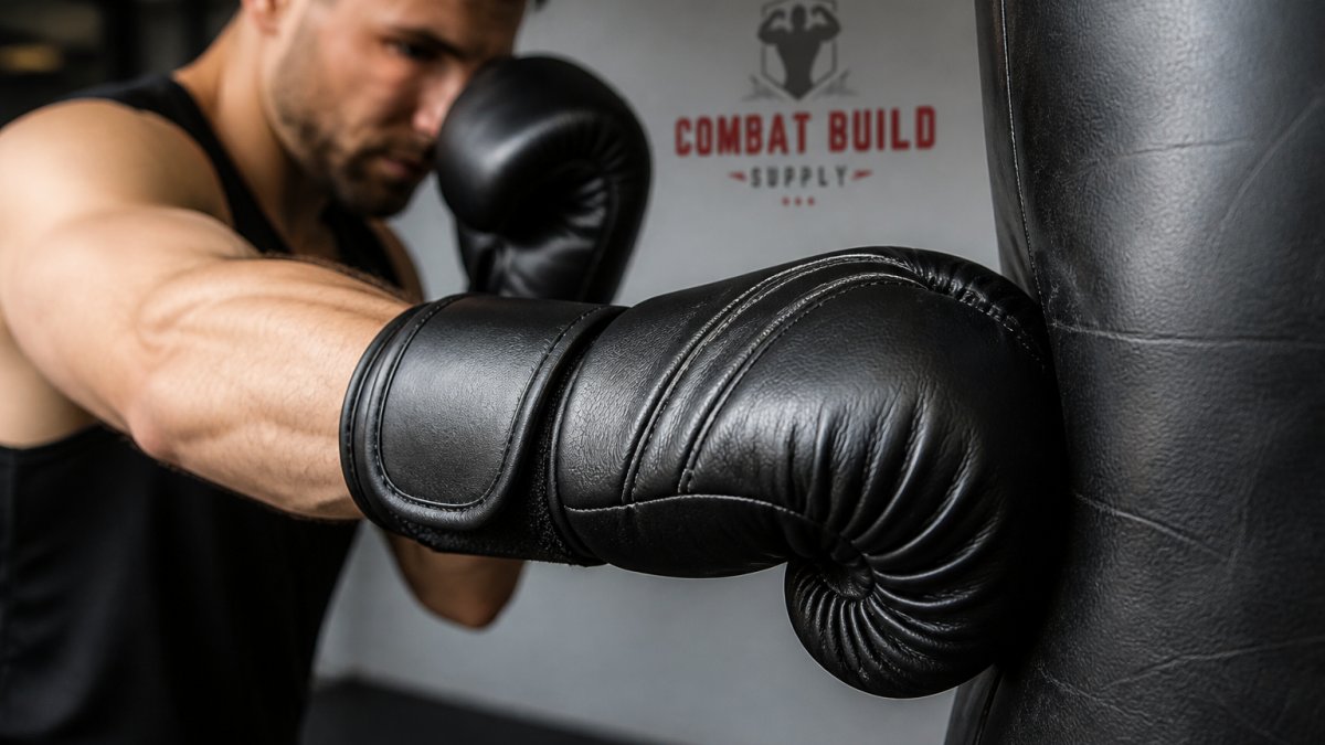 Close-up of a boxer's hands wearing punching bag gloves during heavy bag training, showing detailed padding structure and reinforced knuckle protection with the wrist closure mechanism visible, natural gym lighting