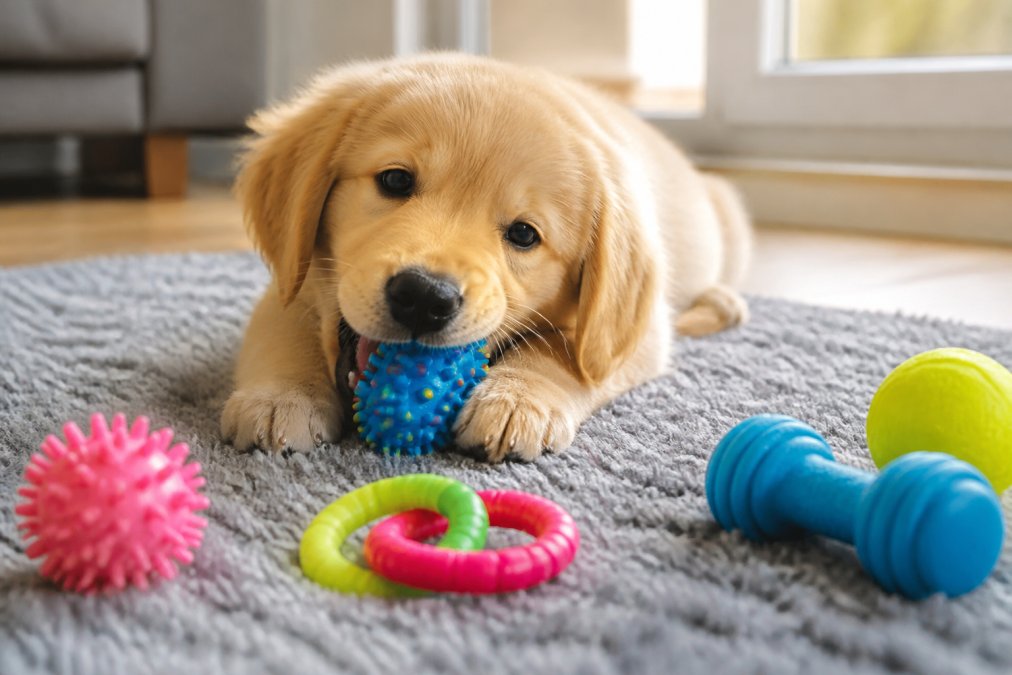 A 10-week-old golden retriever puppy playing with colorful rubber chew toys on a soft gray carpet, with the puppy's mouth actively engaging with a textured toy, natural window lighting illuminating the scene