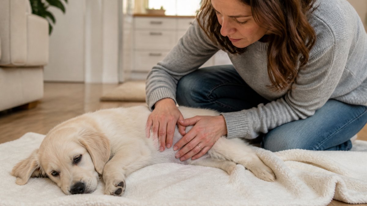 Concerned owner gently checking on an uncomfortable puppy lying on a soft blanket at home