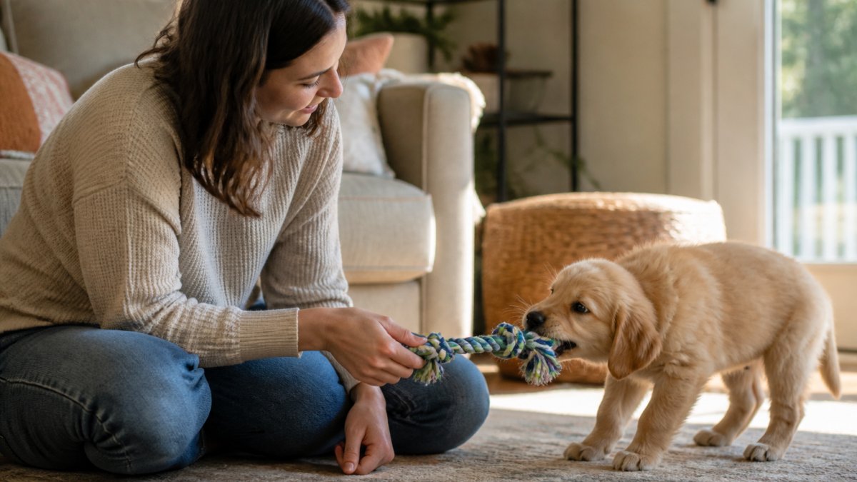 Person sitting on a living room floor offering a rope toy to a small puppy during a teething session