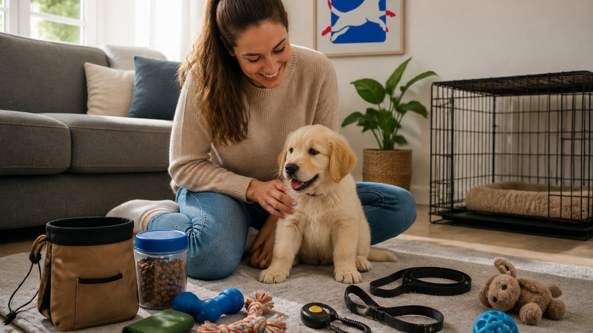 New puppy owner sitting on living room floor with a young puppy, surrounded by organized training gear including treat bags, a clicker, leash, crate visible in background, toys scattered on a blanket, natural window lighting