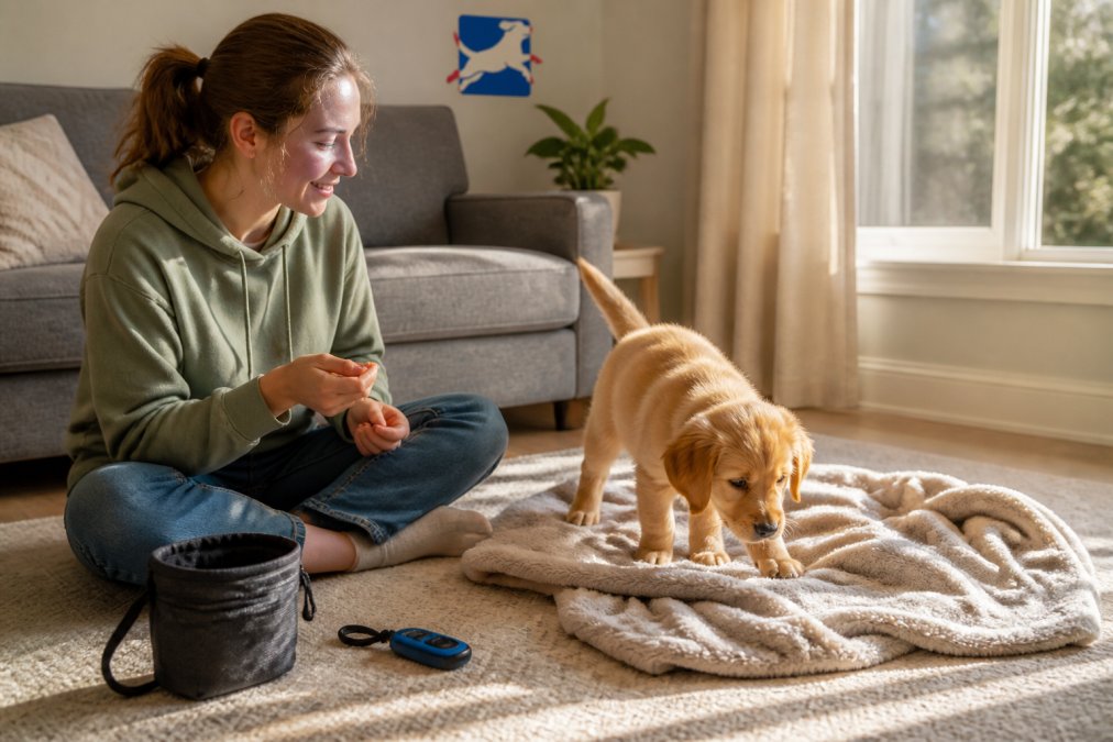 A new puppy owner sitting cross-legged on a living room floor, a small golden retriever puppy climbing over a soft blanket, a treat pouch and clicker resting nearby, warm afternoon light through a window