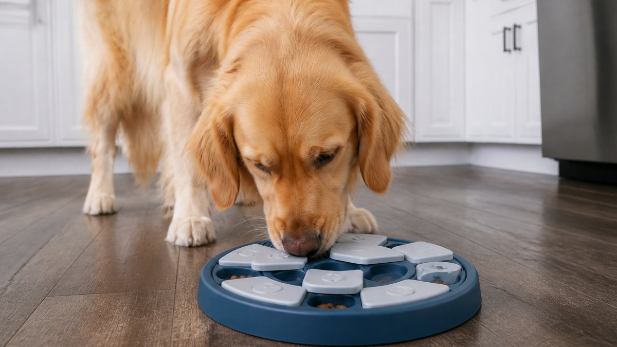 Golden Retriever using a puzzle feeder bowl with sliding covers at mealtime, nose engaged with the compartments, showing natural problem-solving behavior in a bright kitchen setting
