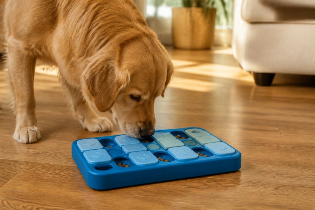 Golden retriever using a blue plastic puzzle feeder for large dogs on a sunny hardwood floor