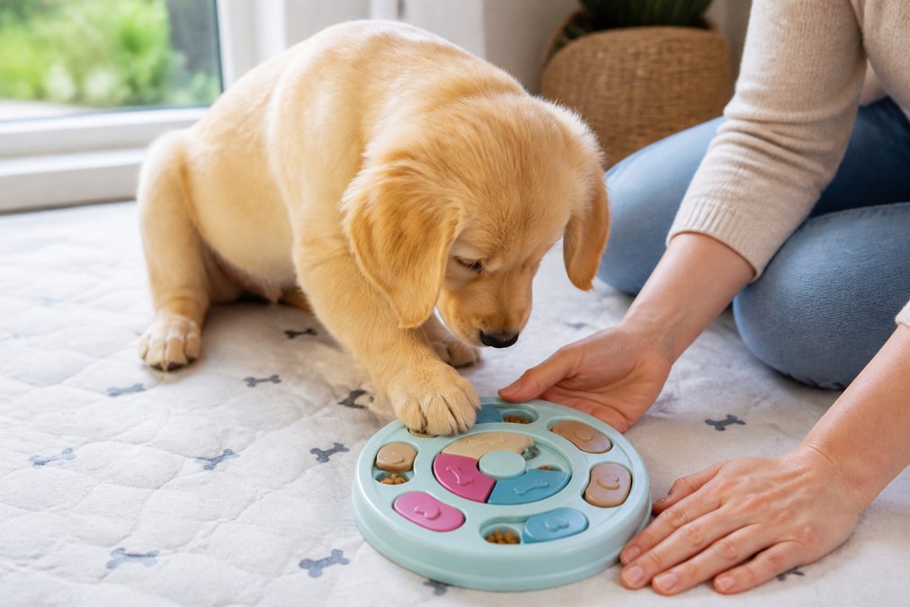 Young golden retriever puppy on soft play mat interacting with an interactive puzzle toy, with owner's hands nearby gently guiding the toy, natural window lighting illuminating the scene