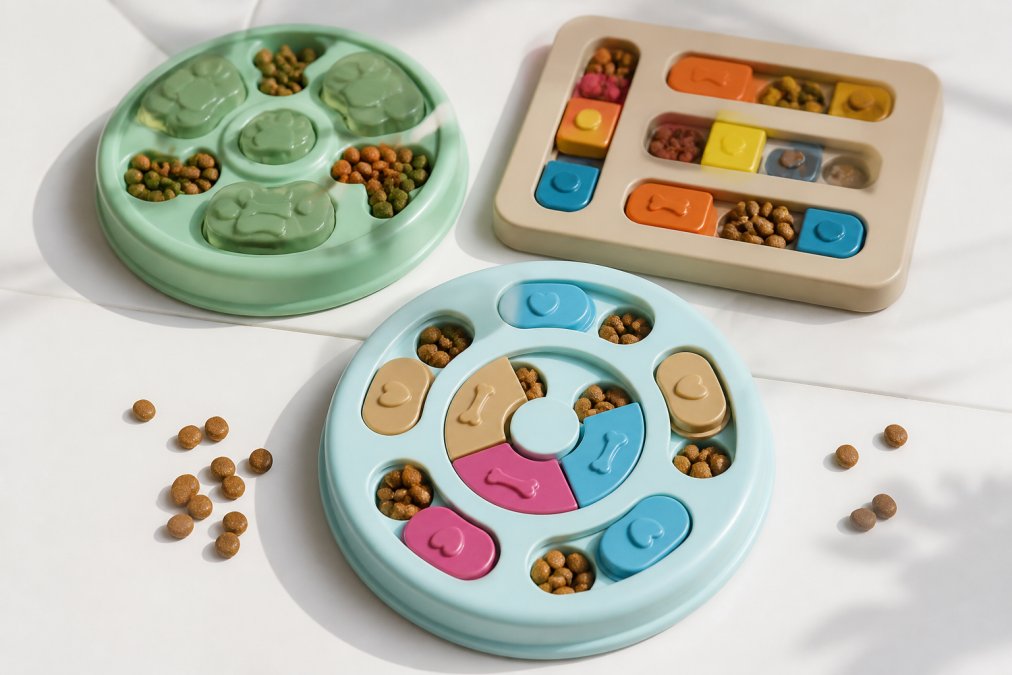 Three different puzzle feeders and treat-dispensing toys arranged on bright white surface with scattered training treats nearby, showing variety of shapes, colors, and designs in natural daylight