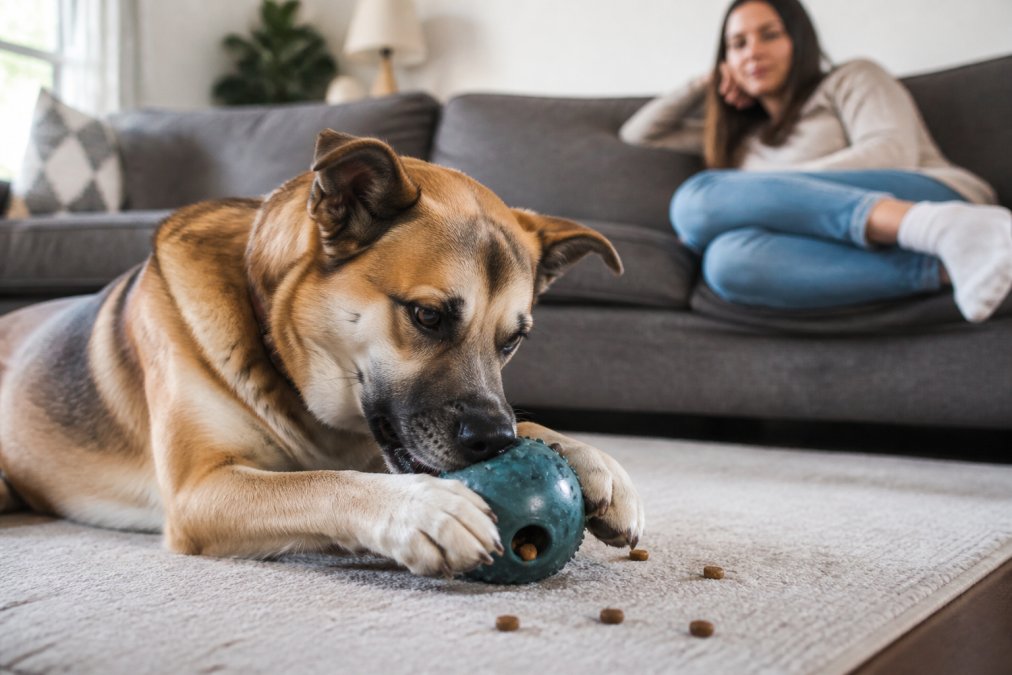 A large mixed-breed dog plays with rubber puzzle toys on a living room rug while his owner watches from the couch.