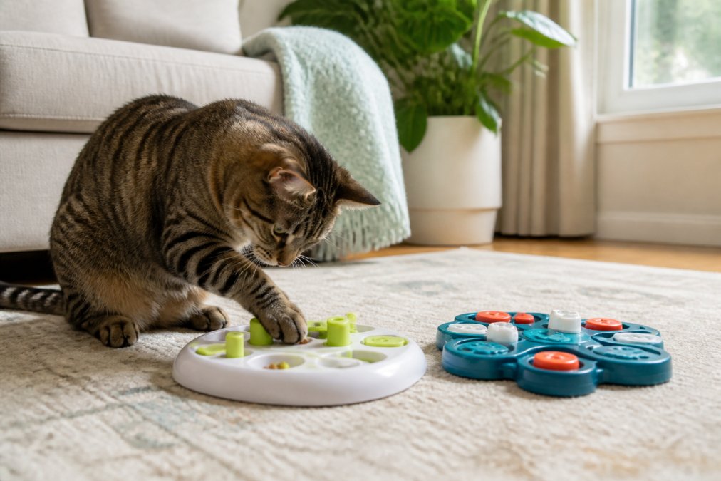 A calm tabby cat pawing at a treat-dispensing puzzle toy on a living room rug, with soft natural light streaming through a nearby window