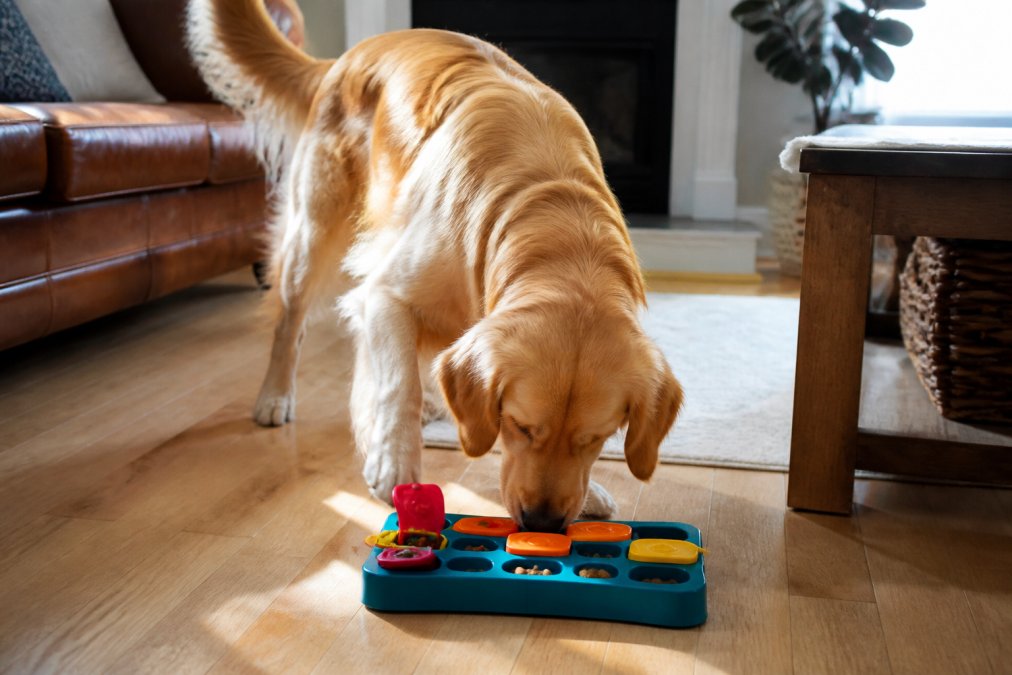 A golden retriever actively nosing through a colorful interactive puzzle toy filled with kibble on a hardwood living room floor, tail raised and ears forward showing calm, engaged focus in warm afternoon light