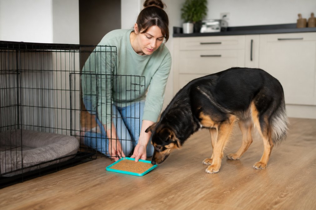 A dog owner in a bright kitchen kneeling beside a dog crate, placing a lick mat spread with peanut butter near the open crate door while a medium-sized mixed-breed dog sniffs it curiously, showing a calm home training setup