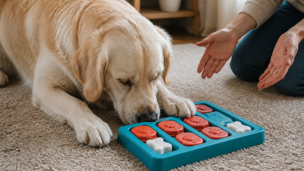 Blind dog using nose and paws to interact with a puzzle toy while owner offers encouragement on carpeted floor