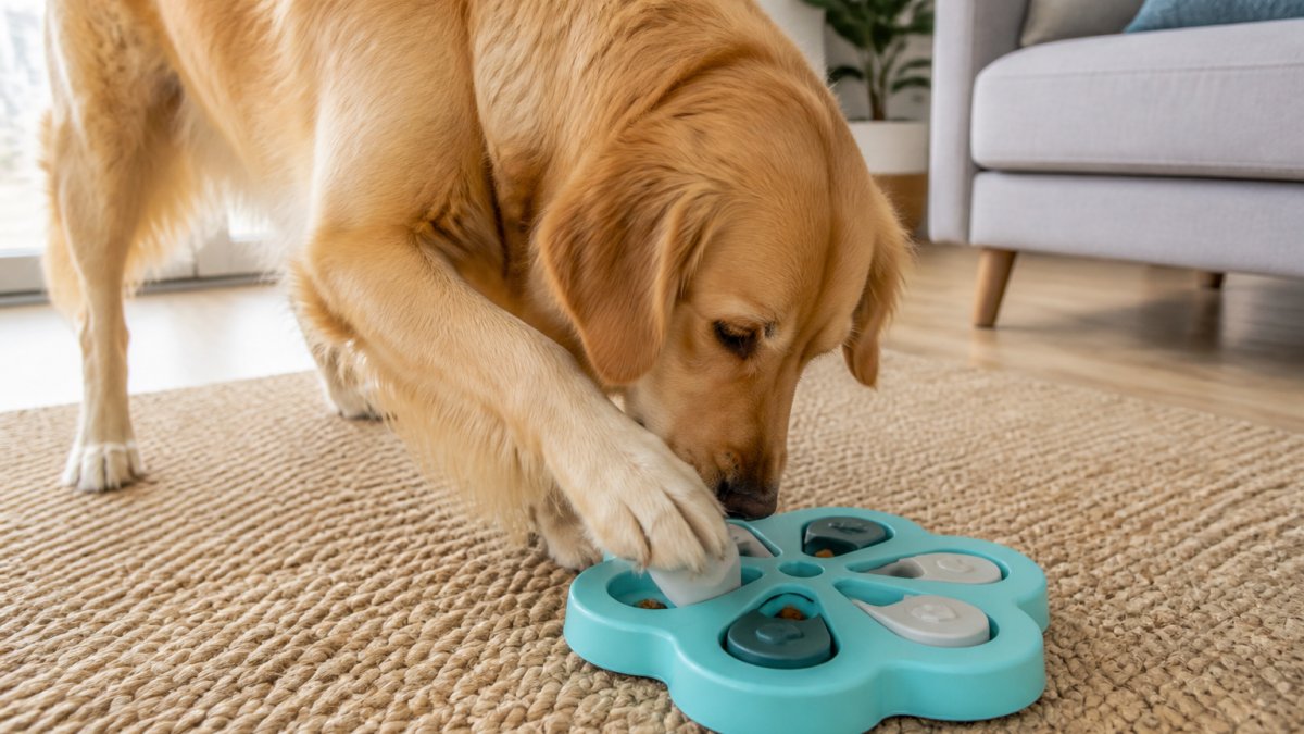 Golden retriever actively engaged with a puzzle toy, nose and paw working at interactive treat-dispensing toy while treats are visible, in a bright modern living room with natural sunlight