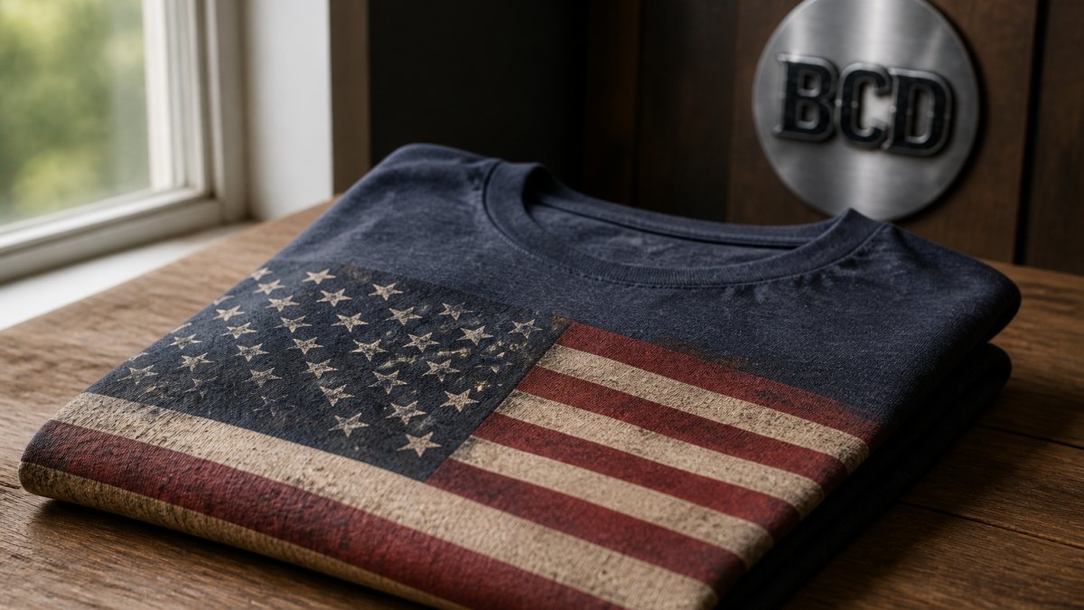 Close-up of a folded American flag graphic t-shirt on a wooden table, showing the print detail and fabric texture in soft window light
