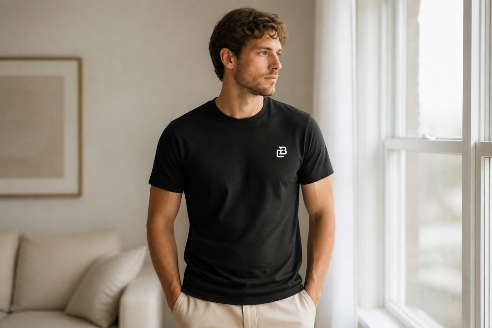 Man wearing a premium crew neck t-shirt in natural linen color, standing in soft natural daylight by a window, showing proper fit through the shoulders and chest with relaxed posture