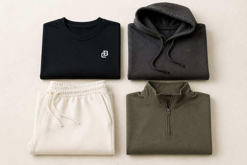 Flat lay of folded men's basics arranged neatly on a neutral cream background: navy crew neck t-shirt, charcoal hoodie, cream sweatpants, and olive quarter-zip, showing texture and fabric weight detail
