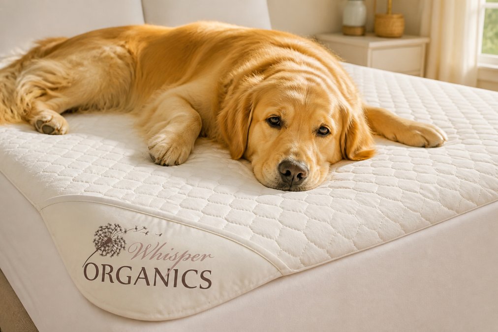 Close-up of a golden retriever lying on a tightly woven beige bedding, showing the fabric texture and weave density with natural sunlight highlighting the material's durability