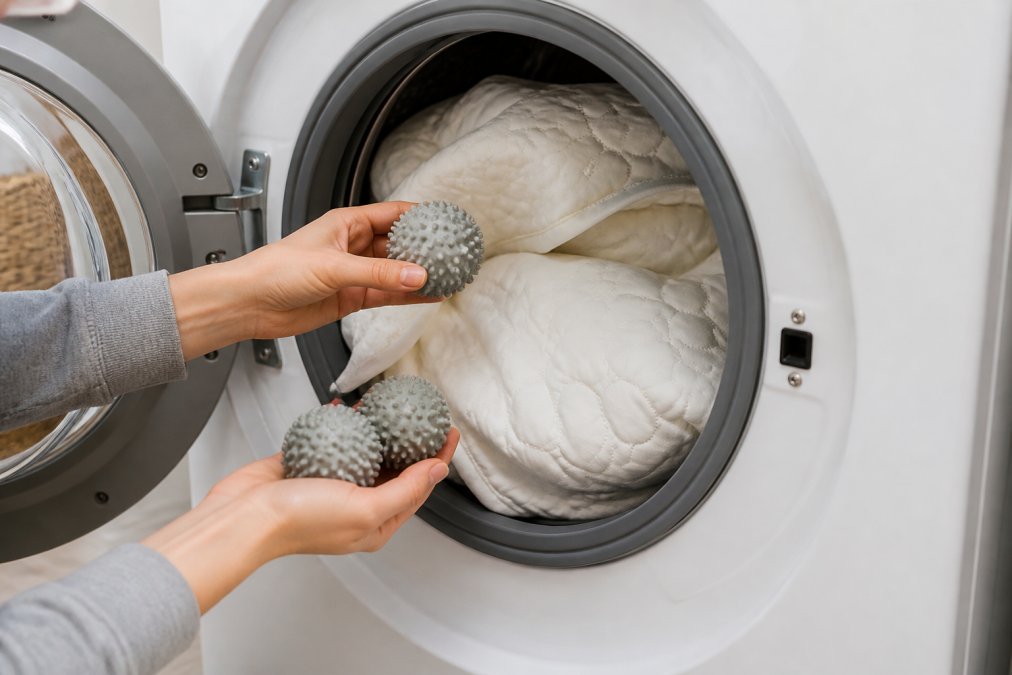 Hands placing reusable lint remover balls into a washing machine drum filled with pet bedding, showing the practical laundry setup with natural lighting from above