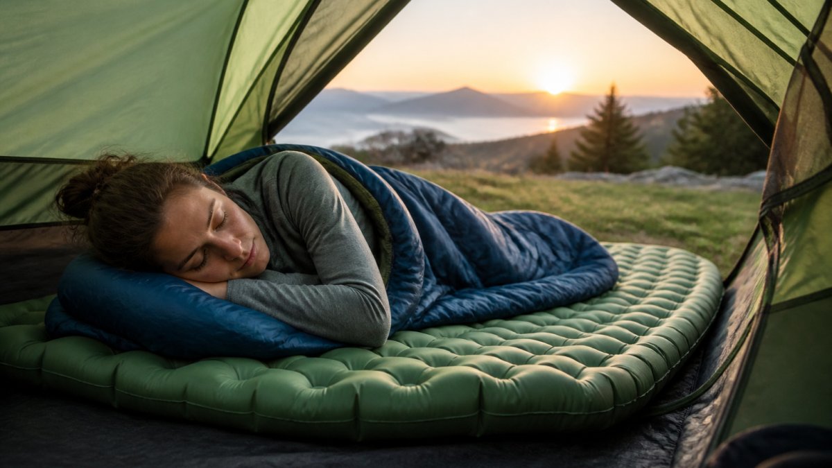 Close-up of a camper lying on an inflatable sleeping pad inside a tent at dawn, showing proper pad positioning and comfortable sleep posture with natural tent lighting