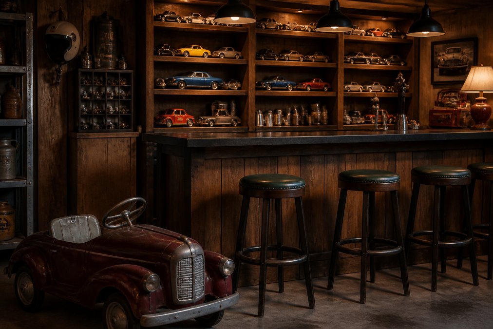 A warmly lit home bar with timber shelving displaying die-cast classic car models, a vintage pedal car resting on the floor, and mid-century memorabilia styled on the counter under soft pendant lighting