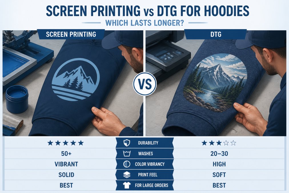 Close-up of two hoodie sleeves side by side on a workshop table, one showing a smooth screen-printed logo with defined edges and the other a detailed DTG print with visible fabric texture, inspected by a print shop professional under bright workshop lighting
