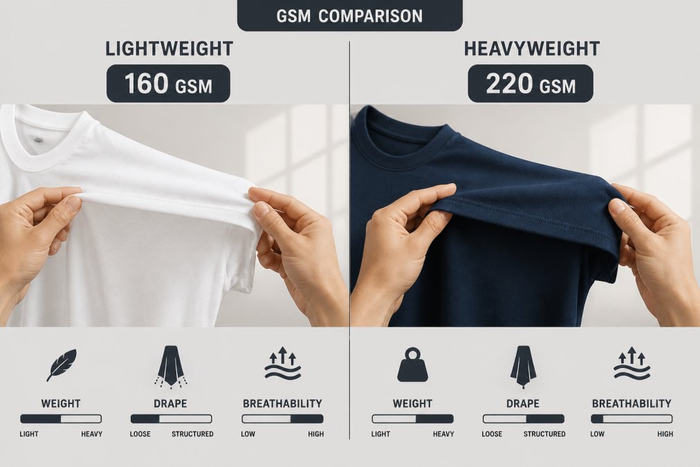 Close-up of hands holding a lightweight white t-shirt and a heavyweight navy t-shirt side by side, showing the visible difference in thickness and drape under soft window light