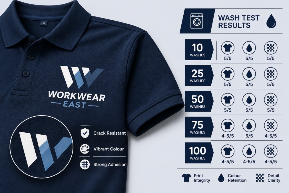 Close-up of a branded navy polo shirt laid flat on a wooden table, showing a sharp vibrant full-colour company logo print with crisp edges and no cracking or peeling, photographed under natural daylight