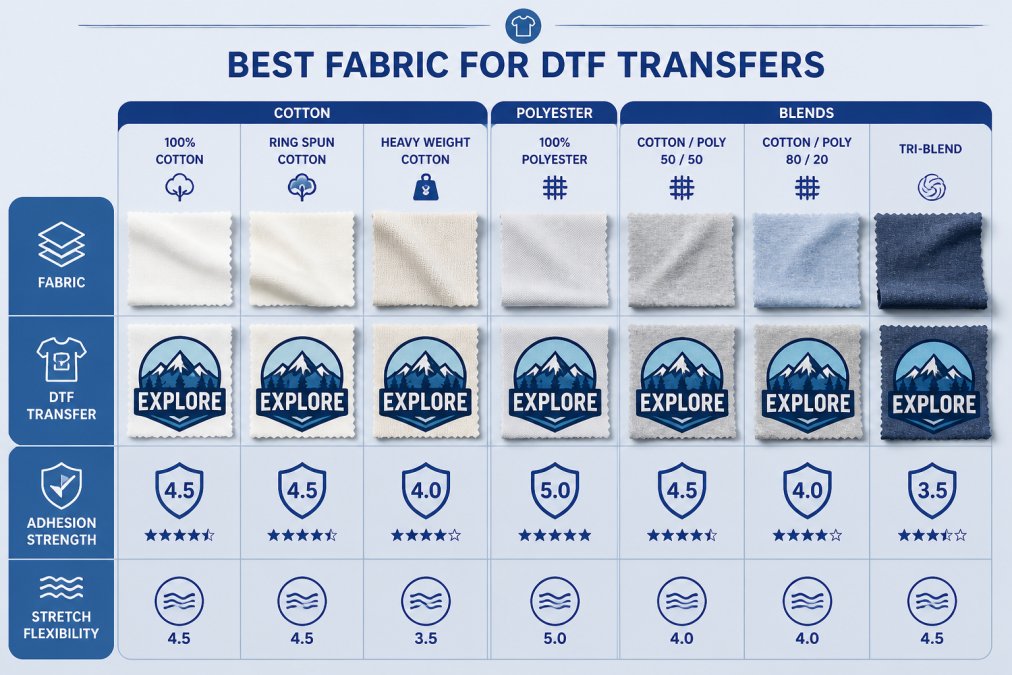 Flat lay of various fabric swatches (cotton, polyester, and blends) with DTF transfers applied, showing how the print adheres differently to each material, arranged on a light surface