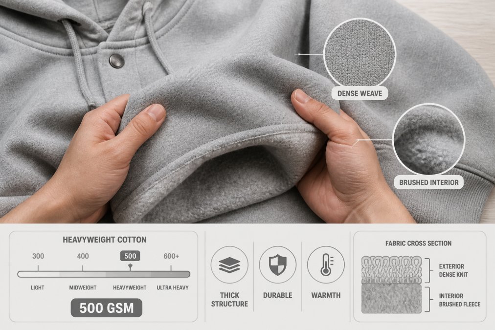 Close-up of hands feeling the thick, textured fabric of a heavyweight cotton hoodie laid flat on a wooden surface, showing the dense weave and brushed interior detail