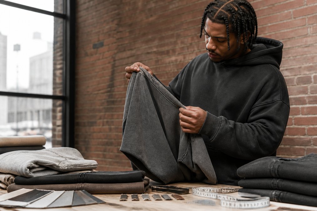 A style-conscious young adult in an urban setting examining a premium cotton hoodie, checking the stitching and fabric weight with a confident, discerning expression, standing near a brick wall in natural afternoon light
