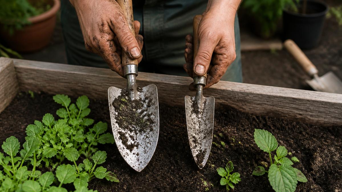 Infographic comparing wide and narrow hand trowels based on soil type and gardener hand size.