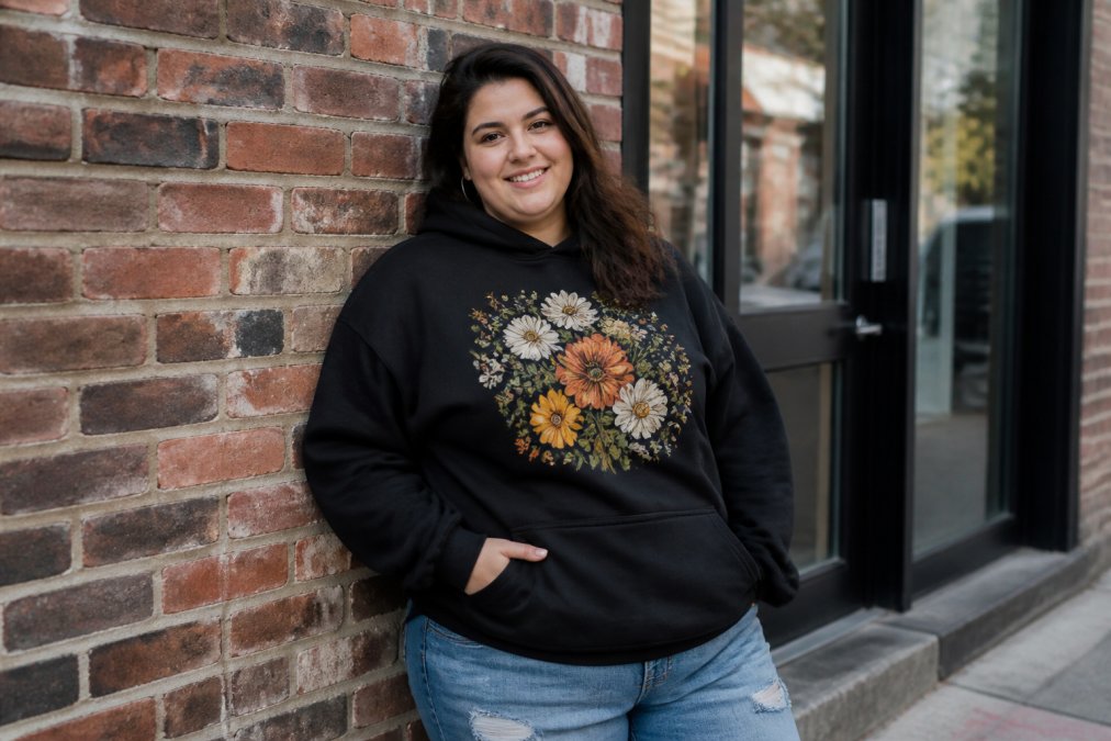 A stylish plus-size woman wearing a cozy graphic hoodie, smiling, in a casual urban setting with soft natural light, showcasing the relaxed fit and vibrant print
