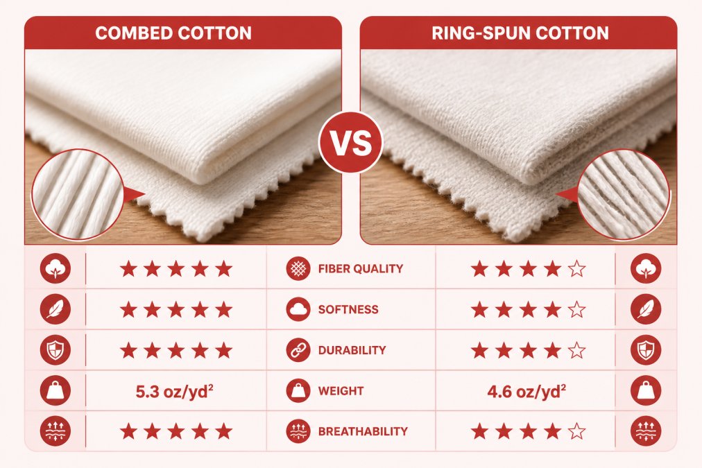 Close-up of premium combed cotton and ring-spun cotton fabric swatches displayed side by side on a wooden surface, showing distinct texture and weave differences under natural daylight, with visible fiber quality variations