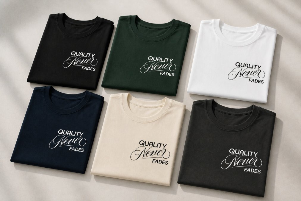 Flat lay of folded graphic tees in different colors and designs displayed on a neutral background, showing variety and quality presentation
