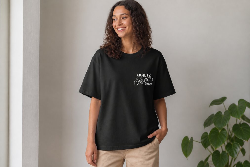 Person wearing a well-fitted oversized graphic tee, showing how the garment drapes and fits naturally on the body with relaxed comfort