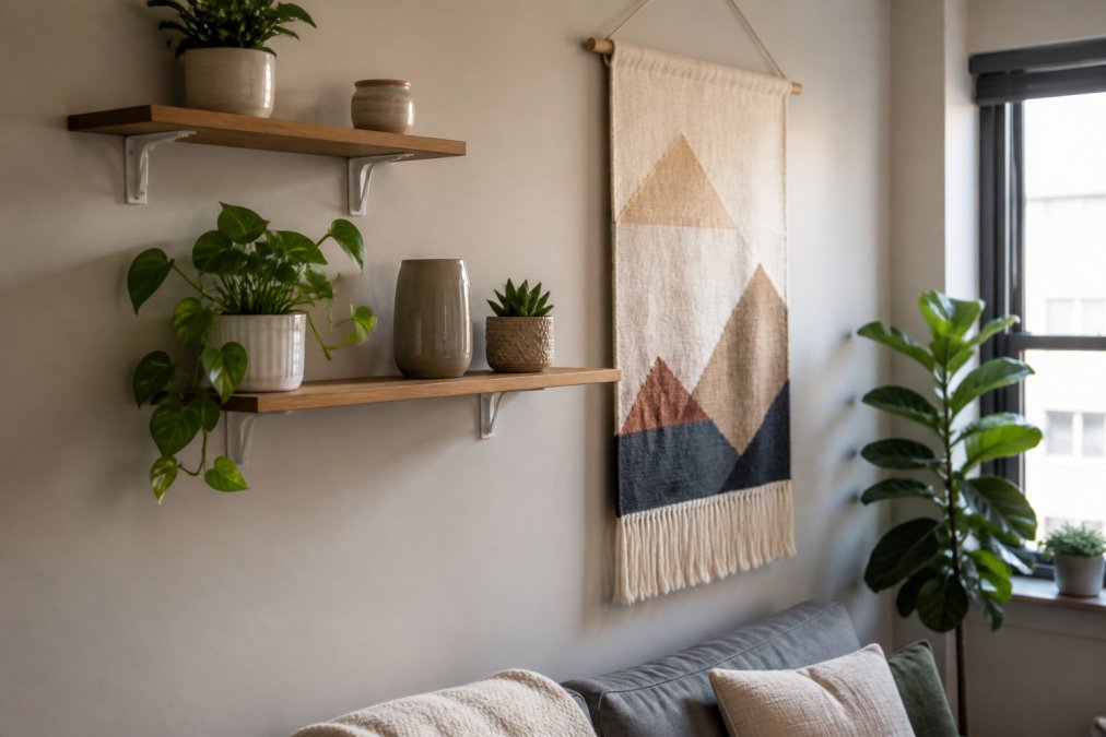 Close-up of removable wall decor options including adhesive command strips, floating shelves, and fabric tapestries arranged on an apartment wall with neutral paint