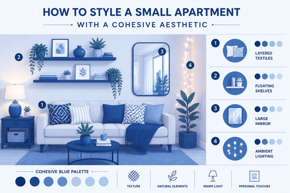 Warm, modern small apartment living room with layered textiles including patterned pillows and throws on a neutral sofa, wall-mounted floating shelves displaying plants and books, a large mirror reflecting natural light, and ambient warm lighting from a table lamp and string lights